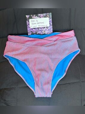 Reborn Pink-and-White Striped High-Waist Swim Bottoms with Blue Lining